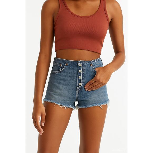 Levi's Women's 24 Blue Denim 501 150 Years Mid-Rise Jean Shorts Raw Hem G31-1 - Picture 1 of 6